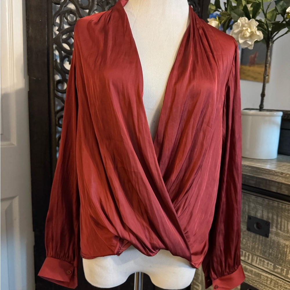 All in Favor Red Wrap Blouse Long Sleeve Relaxed